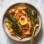 Chili Garlic Pappardelle with Smashed Broccoli and Soft Eggs Recipe