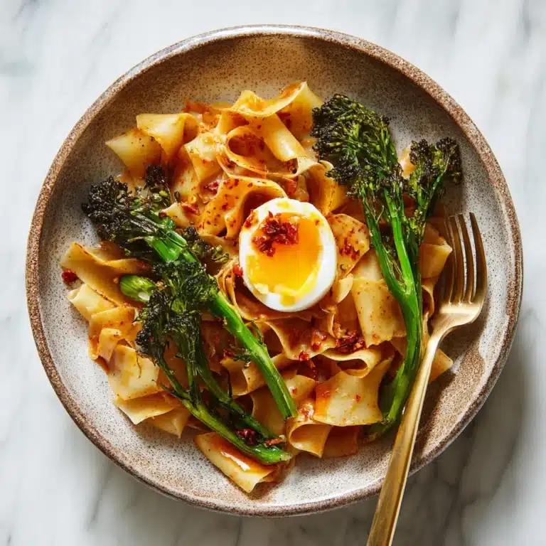 Chili Garlic Pappardelle with Smashed Broccoli and Soft Eggs Recipe