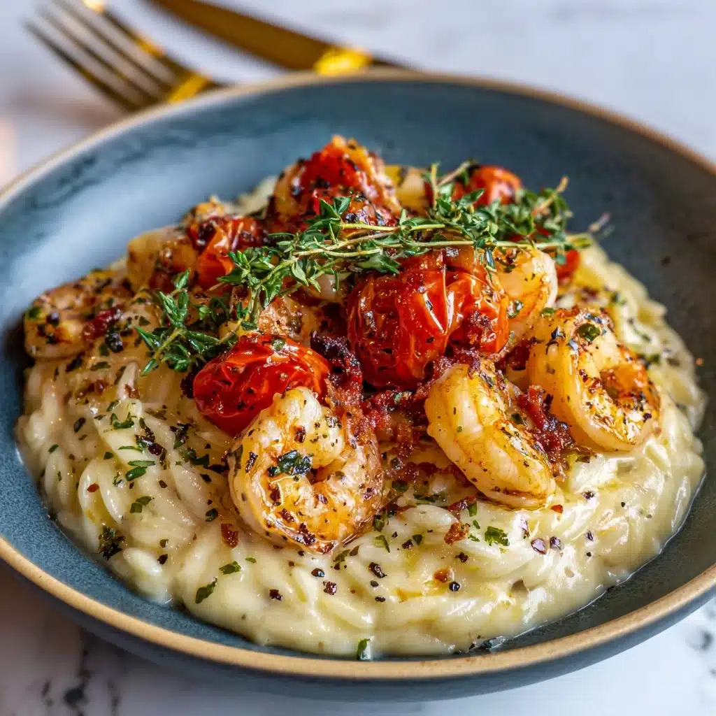 Garlic Shrimp and Tomatoes with Parmesan Orzo Recipe - Recipe Image