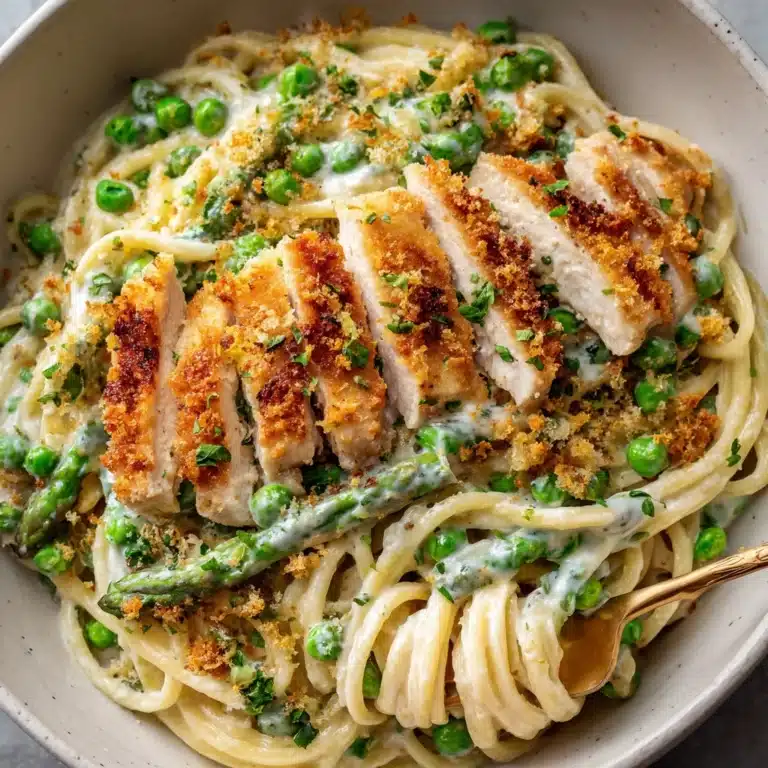 Garlic Cream Bucatini with Peas and Asparagus Recipe