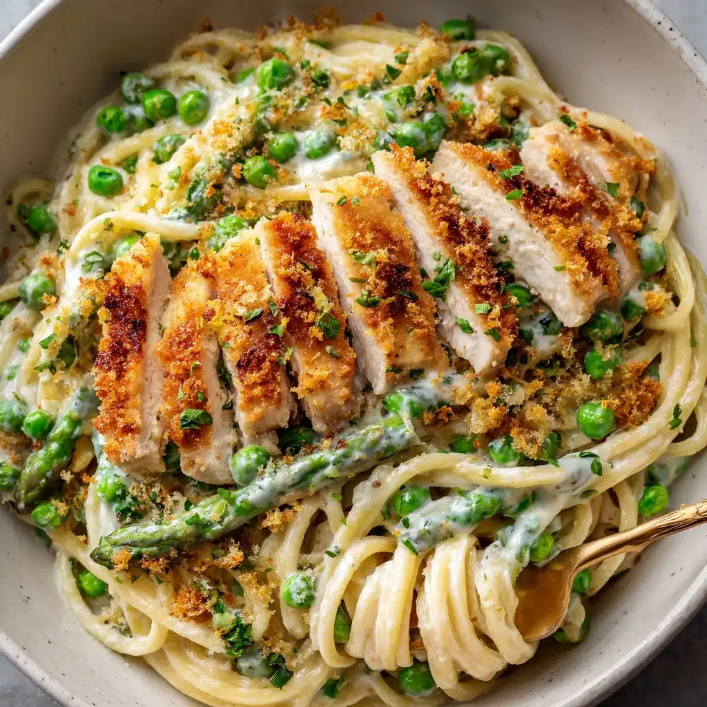 Garlic Cream Bucatini with Peas and Asparagus Recipe