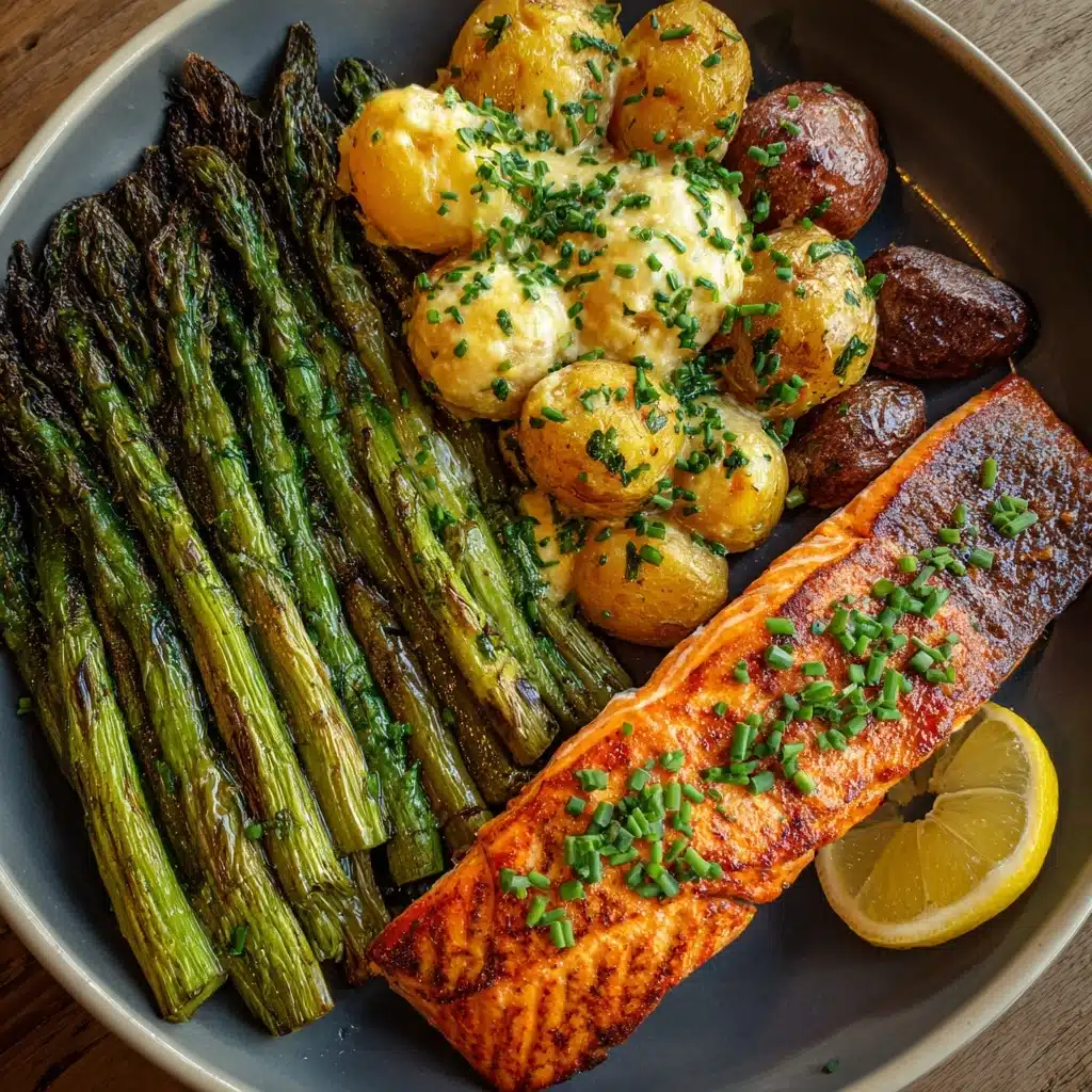 Spring Salmon with Creamed Leeks, Potatoes, and Asparagus Recipe