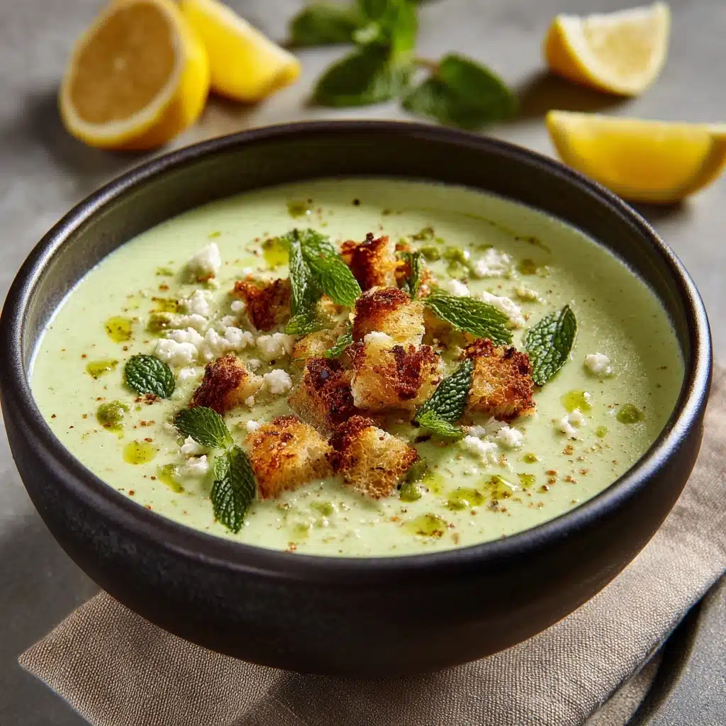 Green Pea & Asparagus Soup with Feta, Mint & Pita Croutons Recipe - Recipe Image
