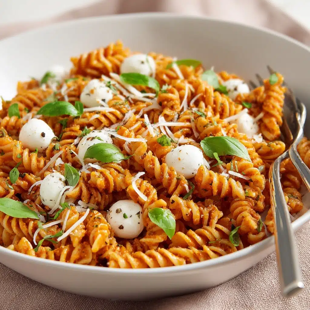 Pasta with Sun-Dried Tomato Pesto and Mozzarella Pearls Recipe - Recipe Image