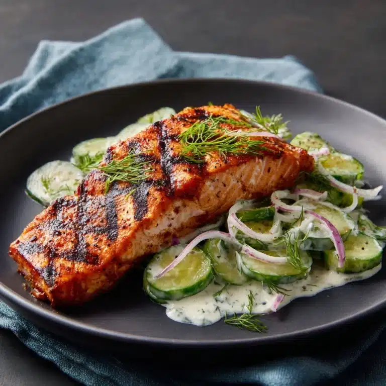 Grilled Salmon with Creamy Cucumber-Dill Salad Recipe