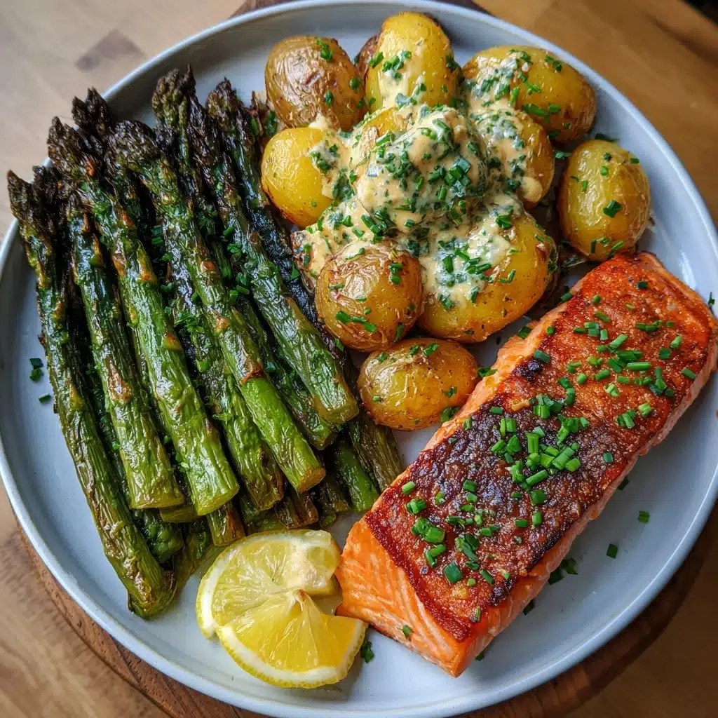 Spring Salmon with Creamed Leeks, Potatoes, and Asparagus Recipe - Recipe Image