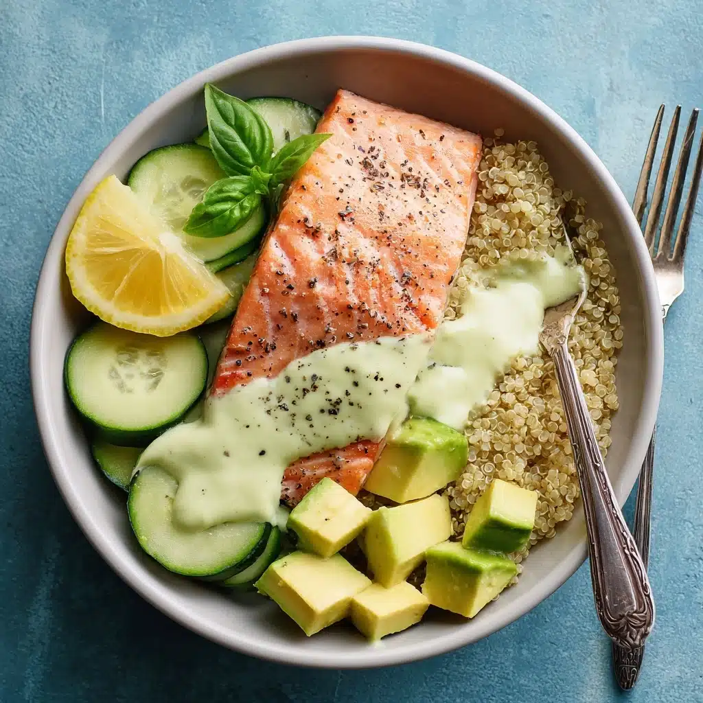 Roasted Salmon Quinoa Bowls with Avocado, Cucumber & Green Goddess Dressing Recipe - Recipe Image
