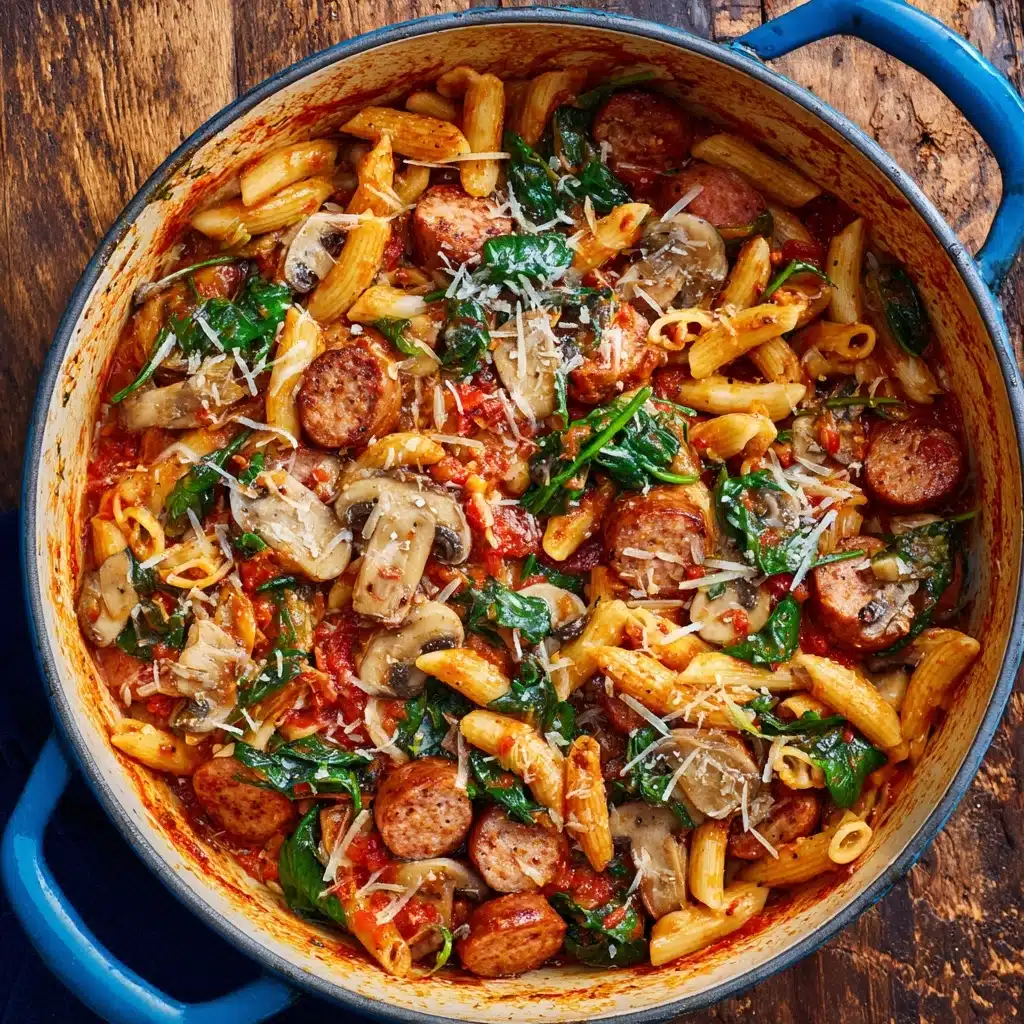 Sausage, Mushroom & Spinach Pasta with Red Pepper Sauce Recipe - Recipe Image