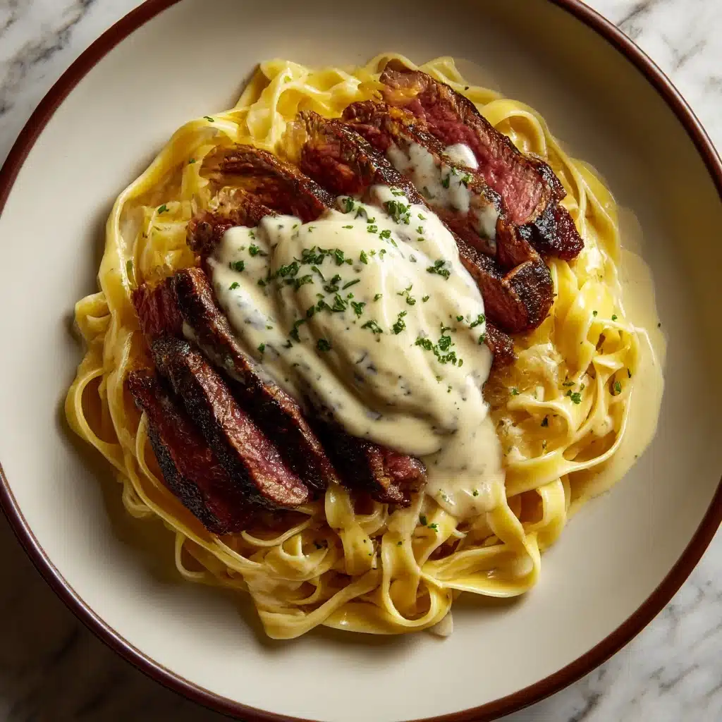 Savory Steak Gorgonzola Alfredo with Creamy Parmesan Sauce Recipe - Recipe Image