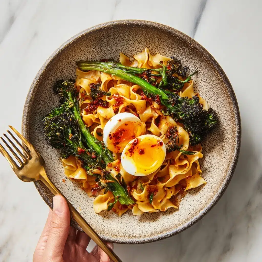 Chili Garlic Pappardelle with Smashed Broccoli and Soft Eggs Recipe - Recipe Image