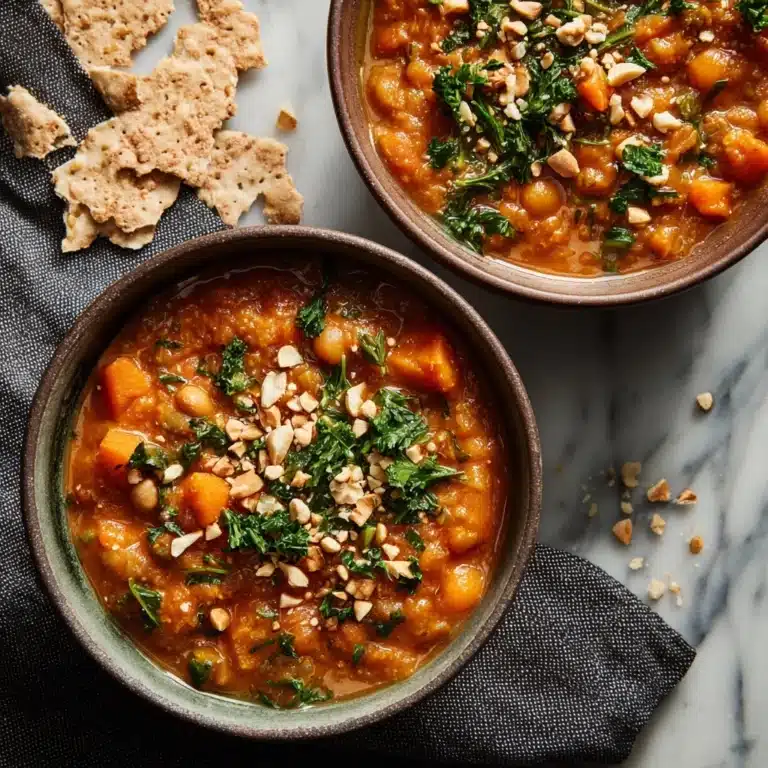 Spicy Peanut Soup with Sweet Potato + Kale Recipe