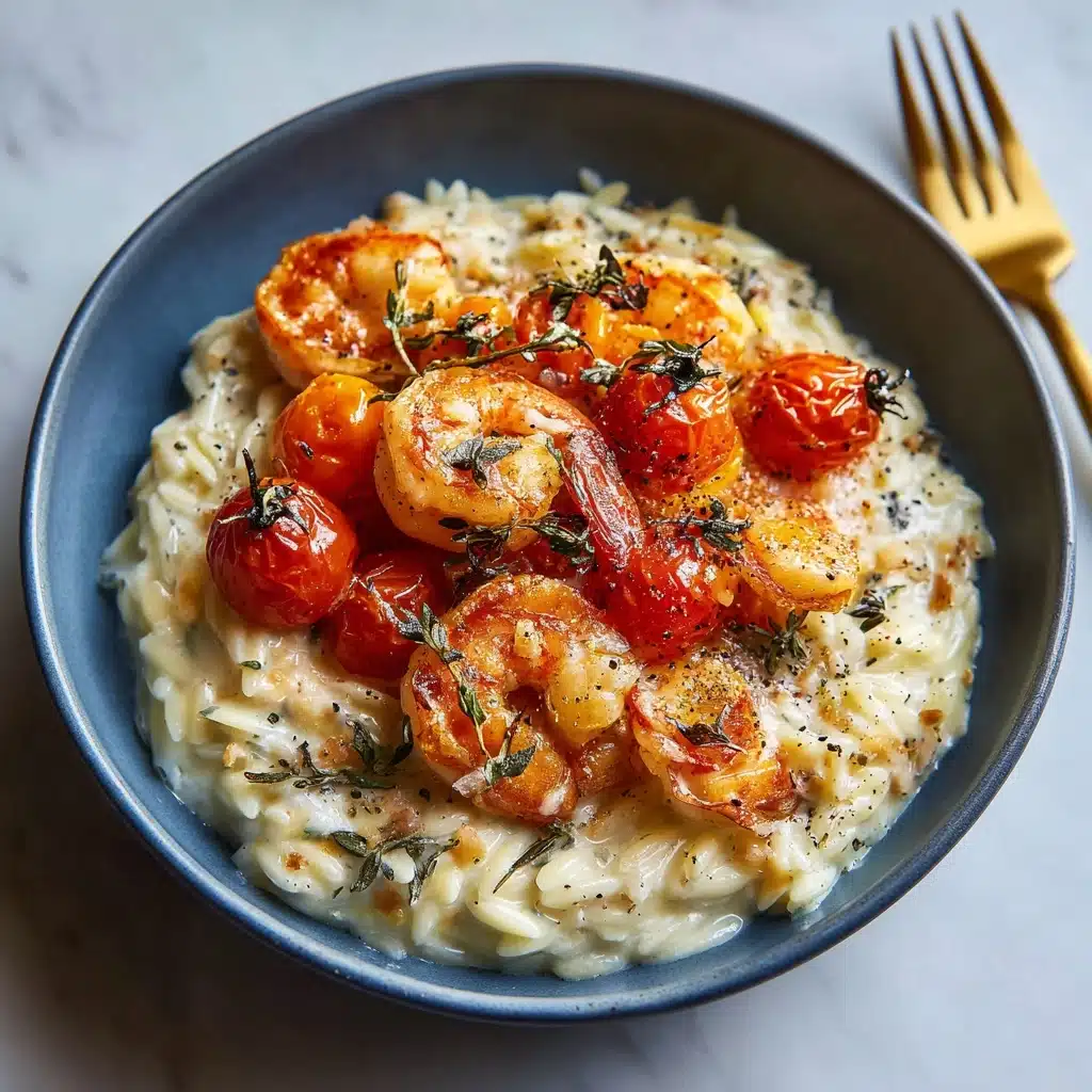 Garlic Shrimp and Tomatoes with Parmesan Orzo Recipe - Recipe Image