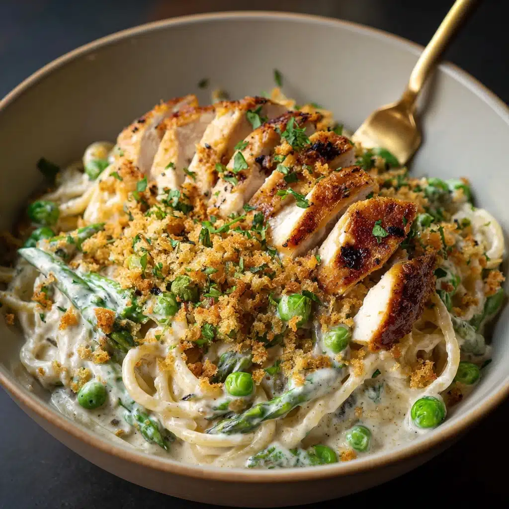 Garlic Cream Bucatini with Peas and Asparagus Recipe - Recipe Image