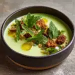 Green Pea & Asparagus Soup with Feta, Mint & Pita Croutons Recipe