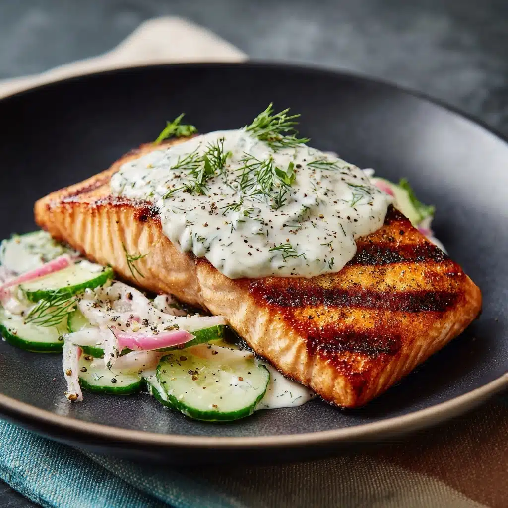 Grilled Salmon with Creamy Cucumber-Dill Salad Recipe - Recipe Image