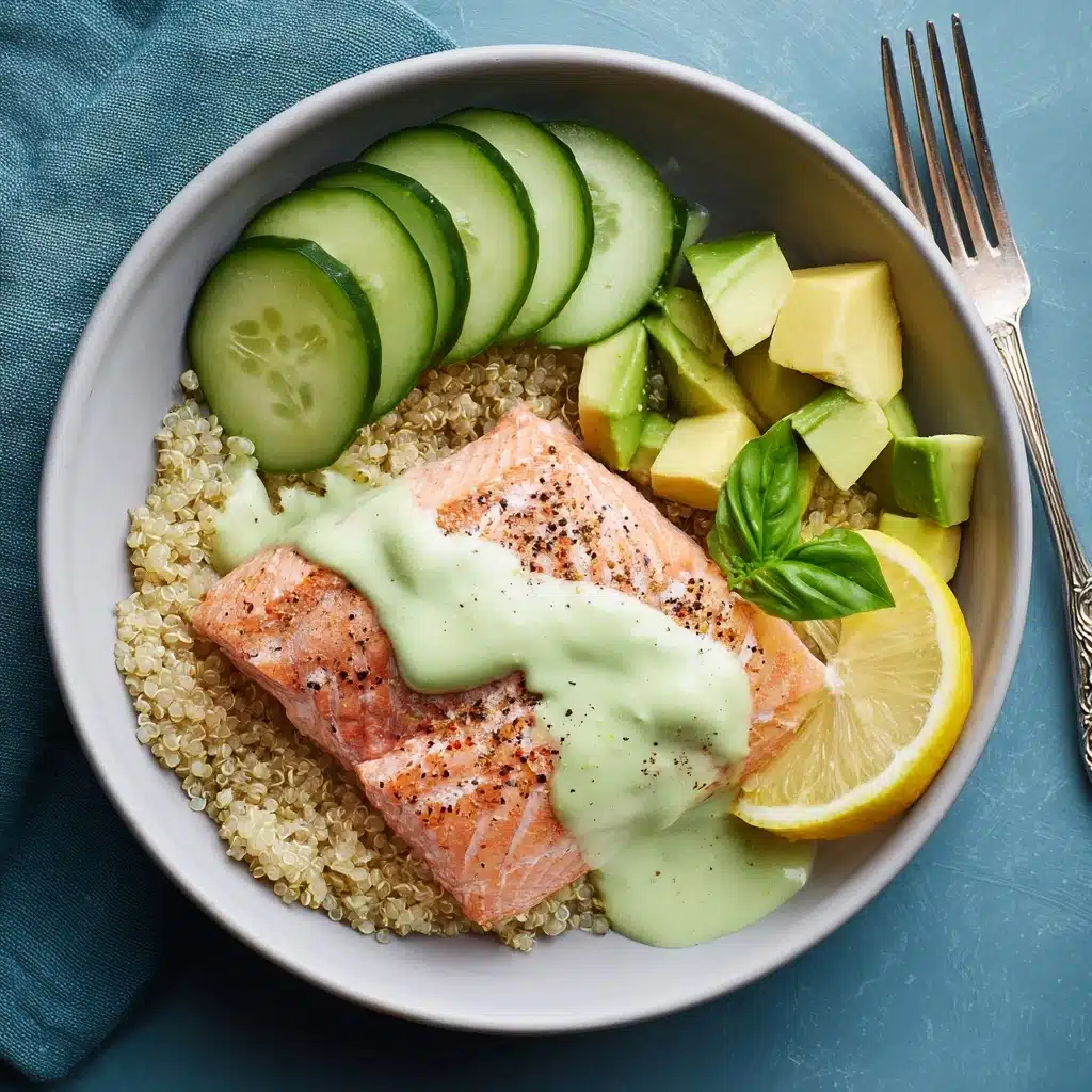 Roasted Salmon Quinoa Bowls with Avocado, Cucumber & Green Goddess Dressing Recipe