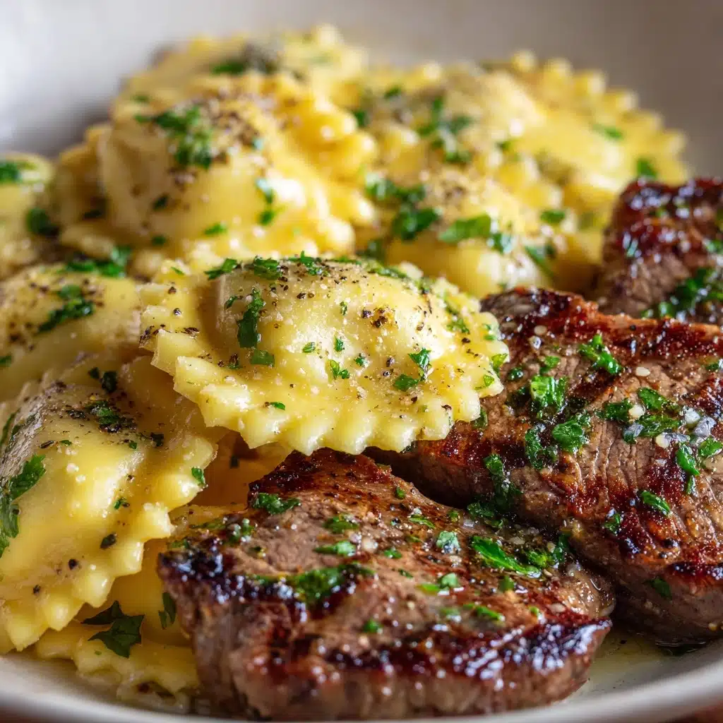 One-Skillet Garlic Butter Steak & Cheese Ravioli Recipe - Recipe Image