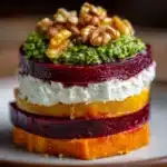 Sweet Potato & Beet Stacks with Pesto, Burrata & Walnuts Recipe