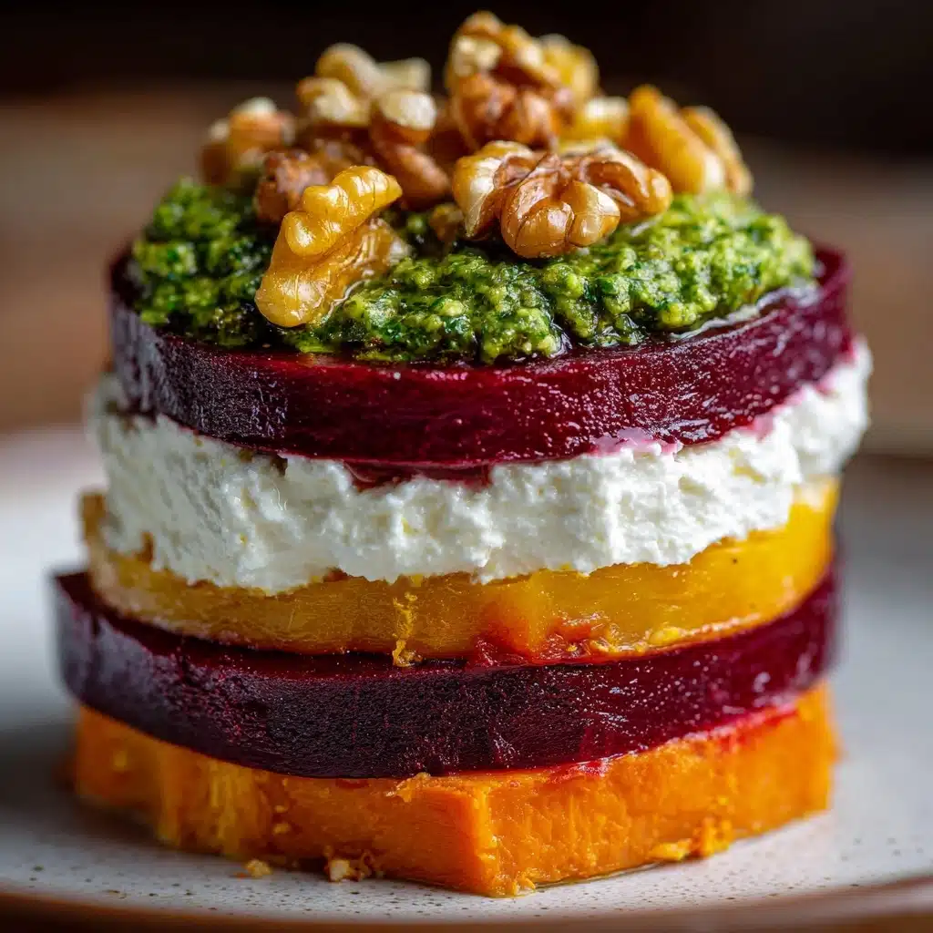 Sweet Potato & Beet Stacks with Pesto, Burrata & Walnuts Recipe