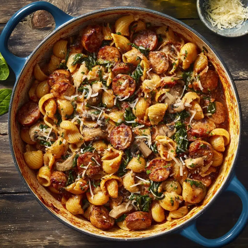 Sausage, Mushroom & Spinach Pasta with Red Pepper Sauce Recipe - Recipe Image