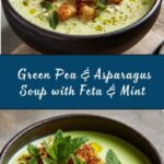 Green Pea & Asparagus Soup with Feta, Mint & Pita Croutons Recipe