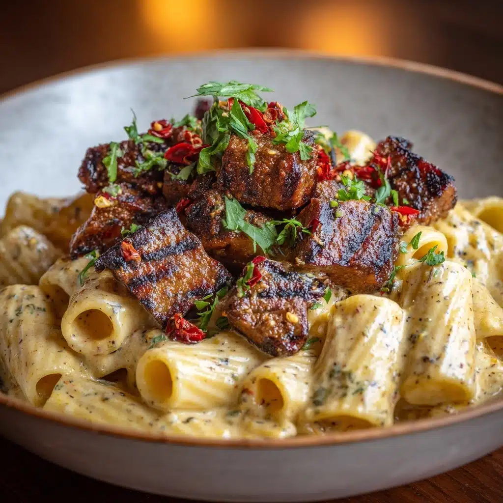 Garlic Butter Steak Bites Over Creamy Pepper Jack Penne Recipe - Recipe Image