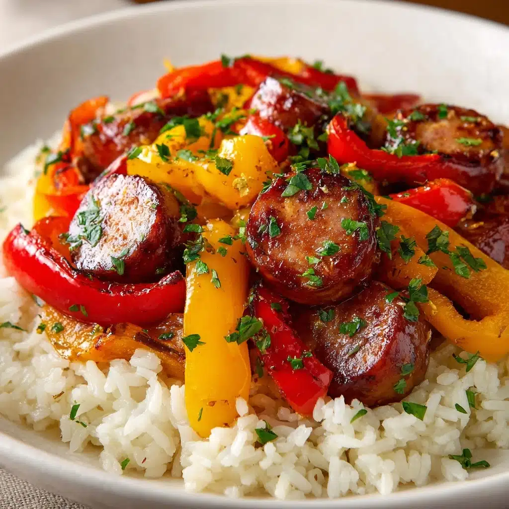 Sausage, Onion, Bell Peppers & Tomatoes over Rice Recipe