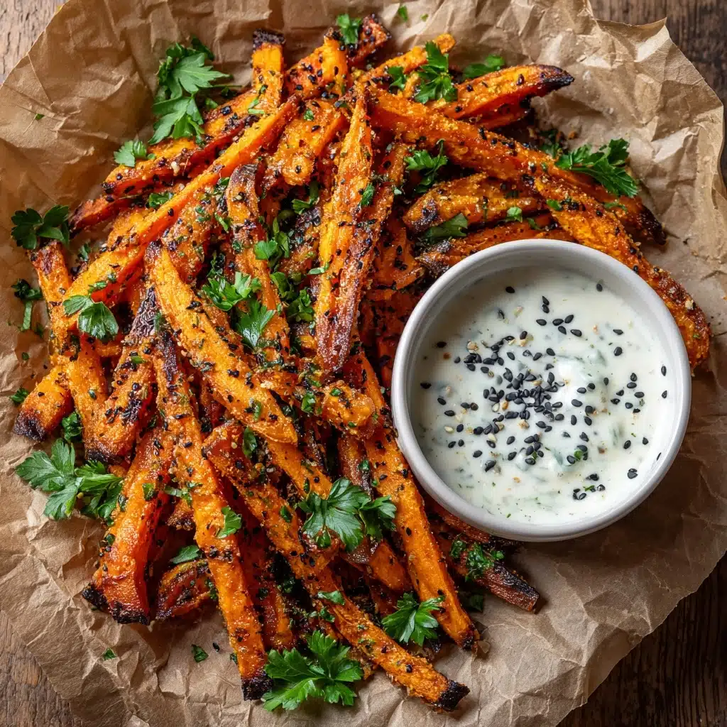Crispy Baked Sweet Potato Fries with Roasted Garlic Tahini Yogurt Dip Recipe