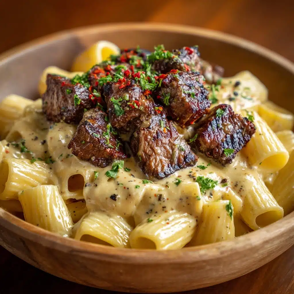 Garlic Butter Steak Bites Over Creamy Pepper Jack Penne Recipe - Recipe Image