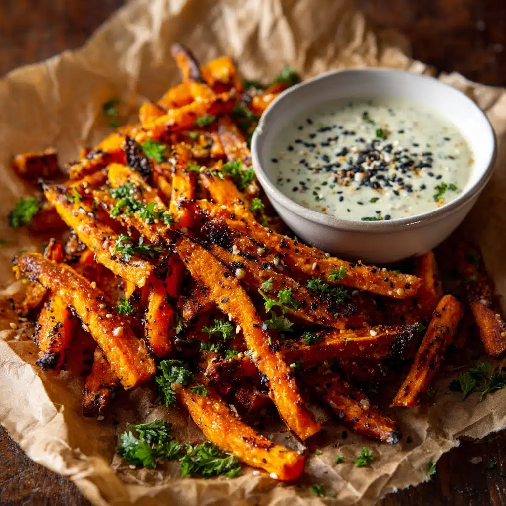 Crispy Baked Sweet Potato Fries with Roasted Garlic Tahini Yogurt Dip Recipe - Recipe Image