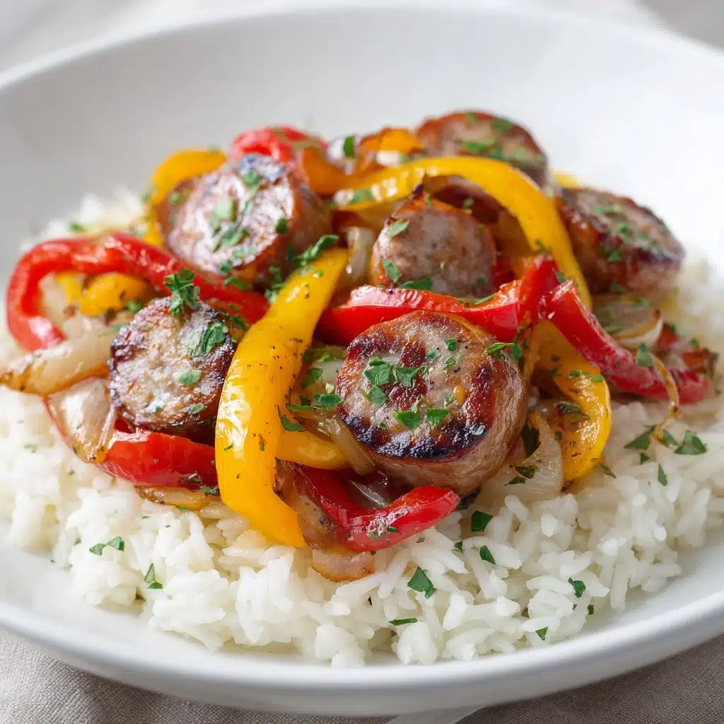Sausage, Onion, Bell Peppers & Tomatoes over Rice Recipe - Recipe Image