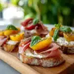 Cheesy Burrata Crostini with Prosciutto & Peaches Recipe