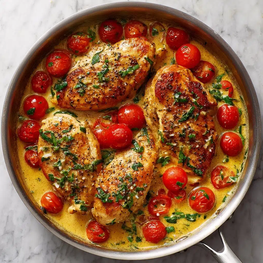 Creamy Pesto Chicken with Roasted Tomatoes Recipe
