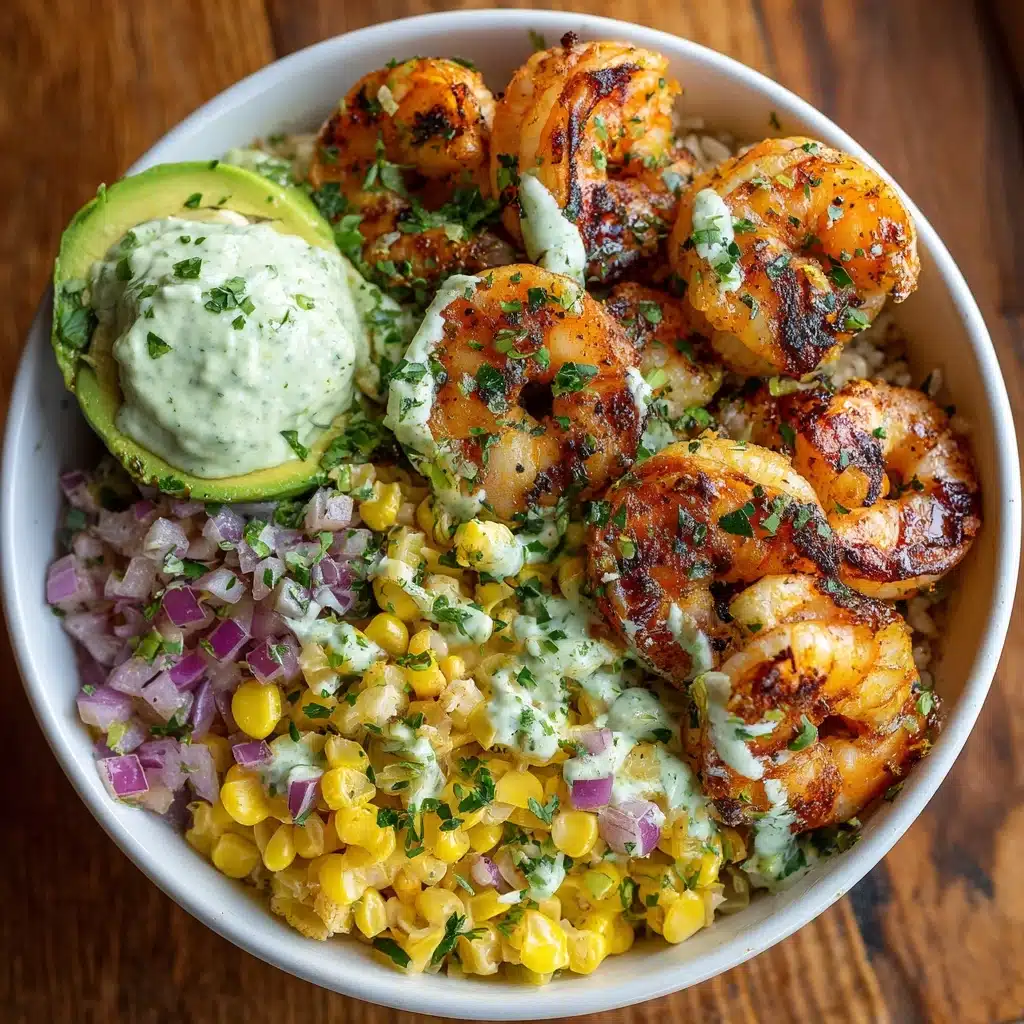 Grilled Shrimp Bowl with Avocado Corn Salsa and Creamy Sauce Recipe - Recipe Image