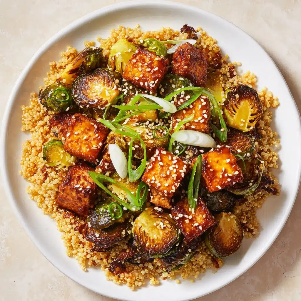 Roasted Brussels Sprouts and Crispy Tofu with Honey-Sesame Glaze Recipe - Recipe Image