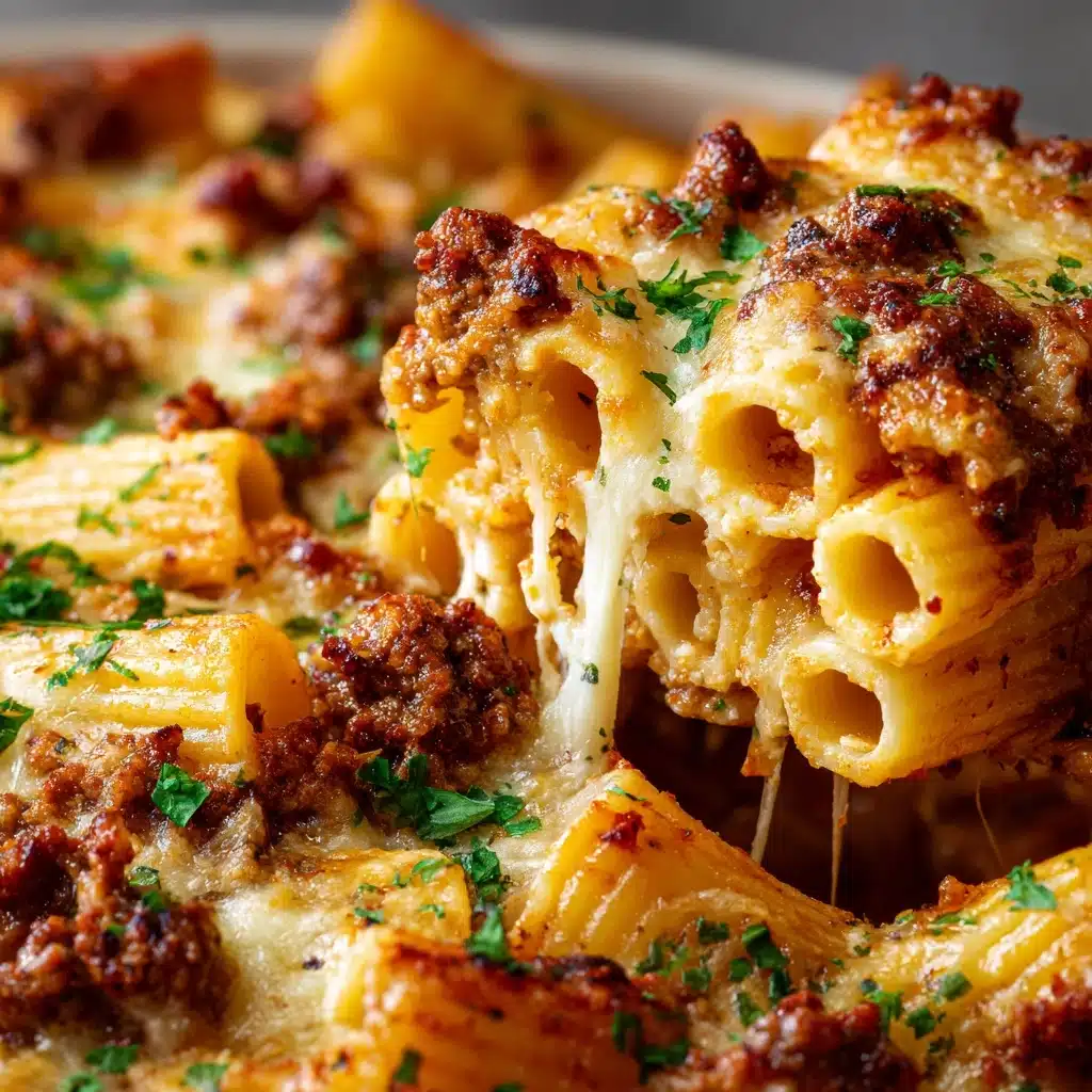 Creamy Cheesy Garlic Butter Rigatoni with Savory Beef Recipe - Recipe Image
