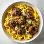 Saucy Skillet French Onion Meatballs with Egg Noodles Recipe