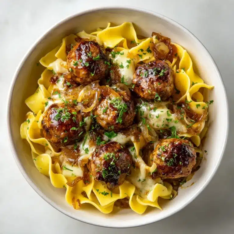 Saucy Skillet French Onion Meatballs with Egg Noodles Recipe
