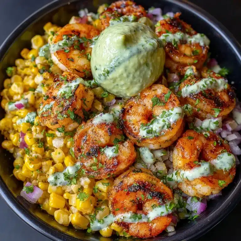 Grilled Shrimp Bowl with Avocado Corn Salsa and Creamy Sauce Recipe