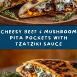 Cheesy Beef and Mushroom Pita Pockets with Tzatziki Sauce Recipe