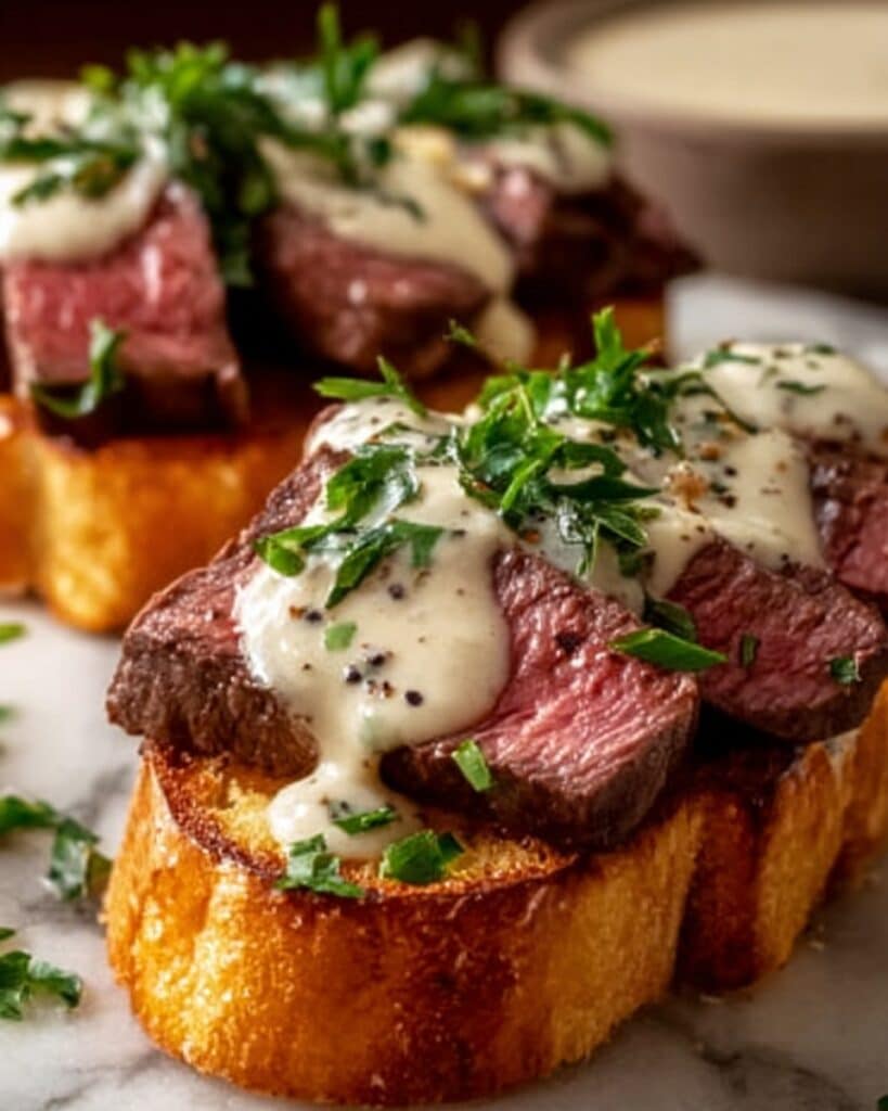 Beef Tenderloin Crostini with Garlic Parmesan Cream Sauce Recipe
