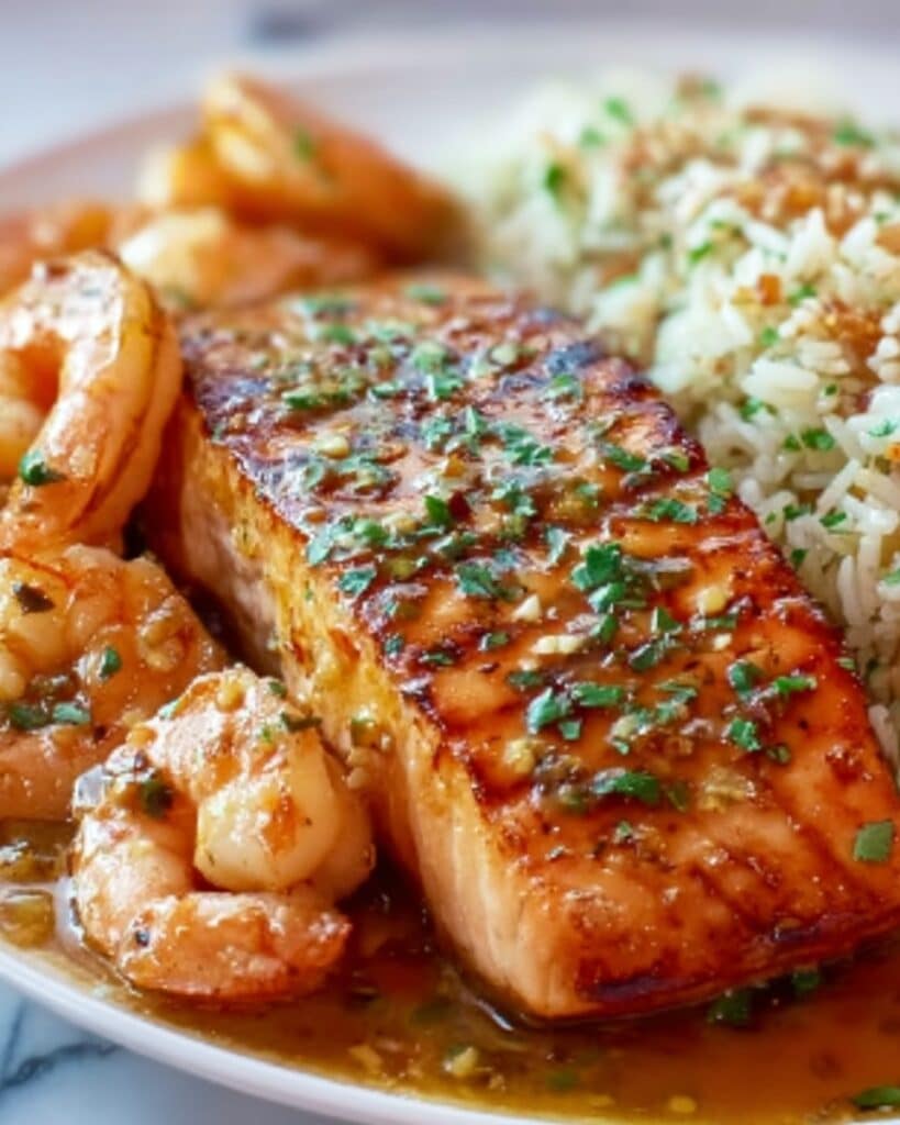 Honey Garlic Salmon & Shrimp over Garlic Butter Rice Recipe