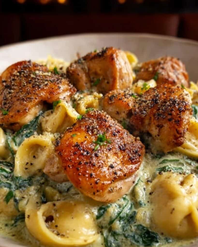 Cheesy Garlic Parmesan Chicken Tortellini with Spinach in Creamy Sauce Recipe