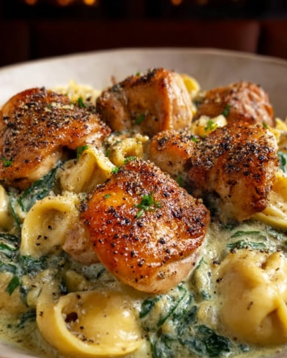 Cheesy Garlic Parmesan Chicken Tortellini with Spinach in Creamy Sauce Recipe - Recipe Image