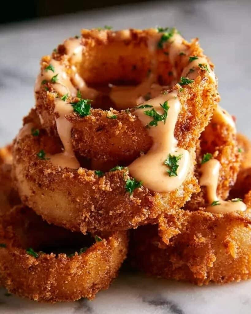 Crispy Onion Rings Drizzled with Spicy Mayo Recipe