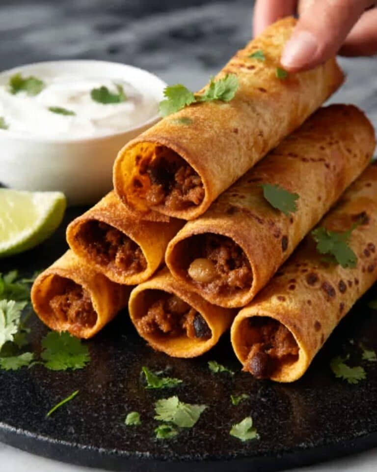 Bean & Cheese Taquitos with Green Chile Sour Cream Sauce Recipe