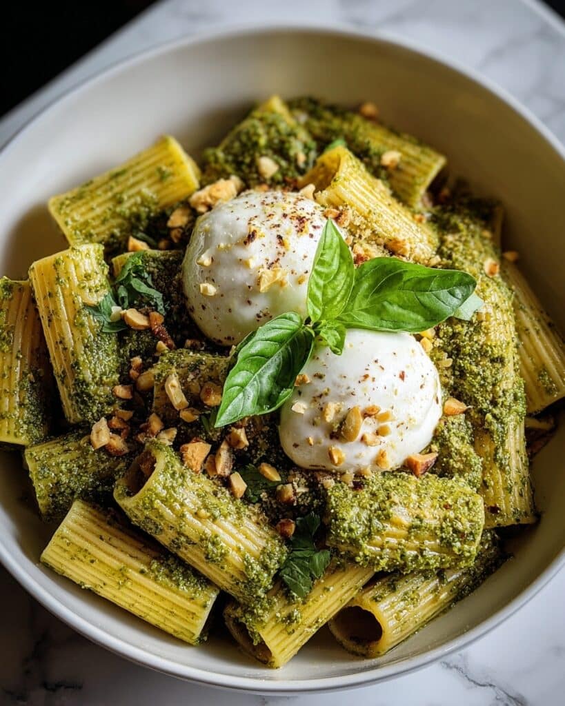 Creamy One Pot Rigatoni with Basil-Pistachio Pesto & Burrata Recipe