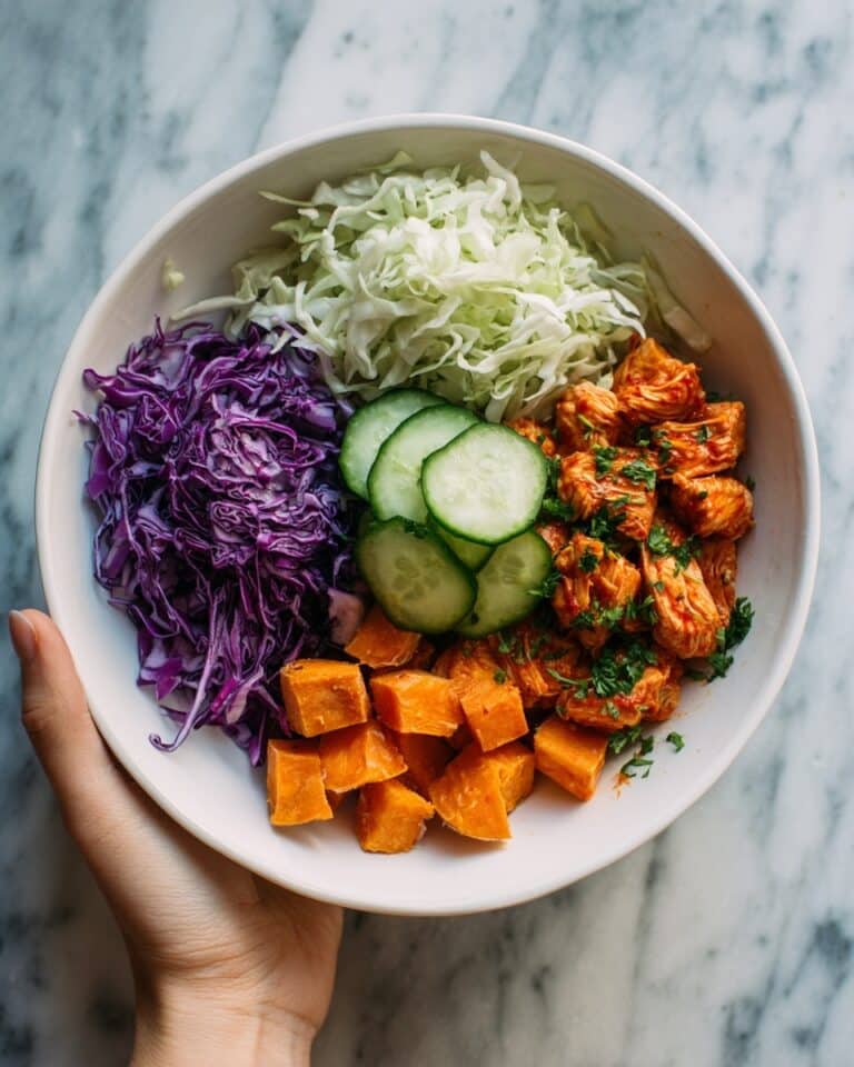 BBQ Chicken Bowls with Roasted Sweet Potatoes, Coleslaw, and Pickles Recipe