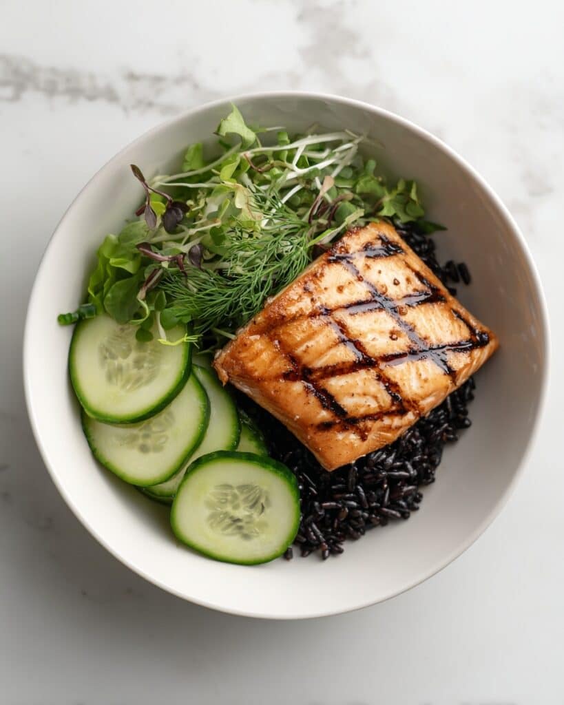 Grilled Salmon with Black Rice and Creamy Cucumber Salad Recipe