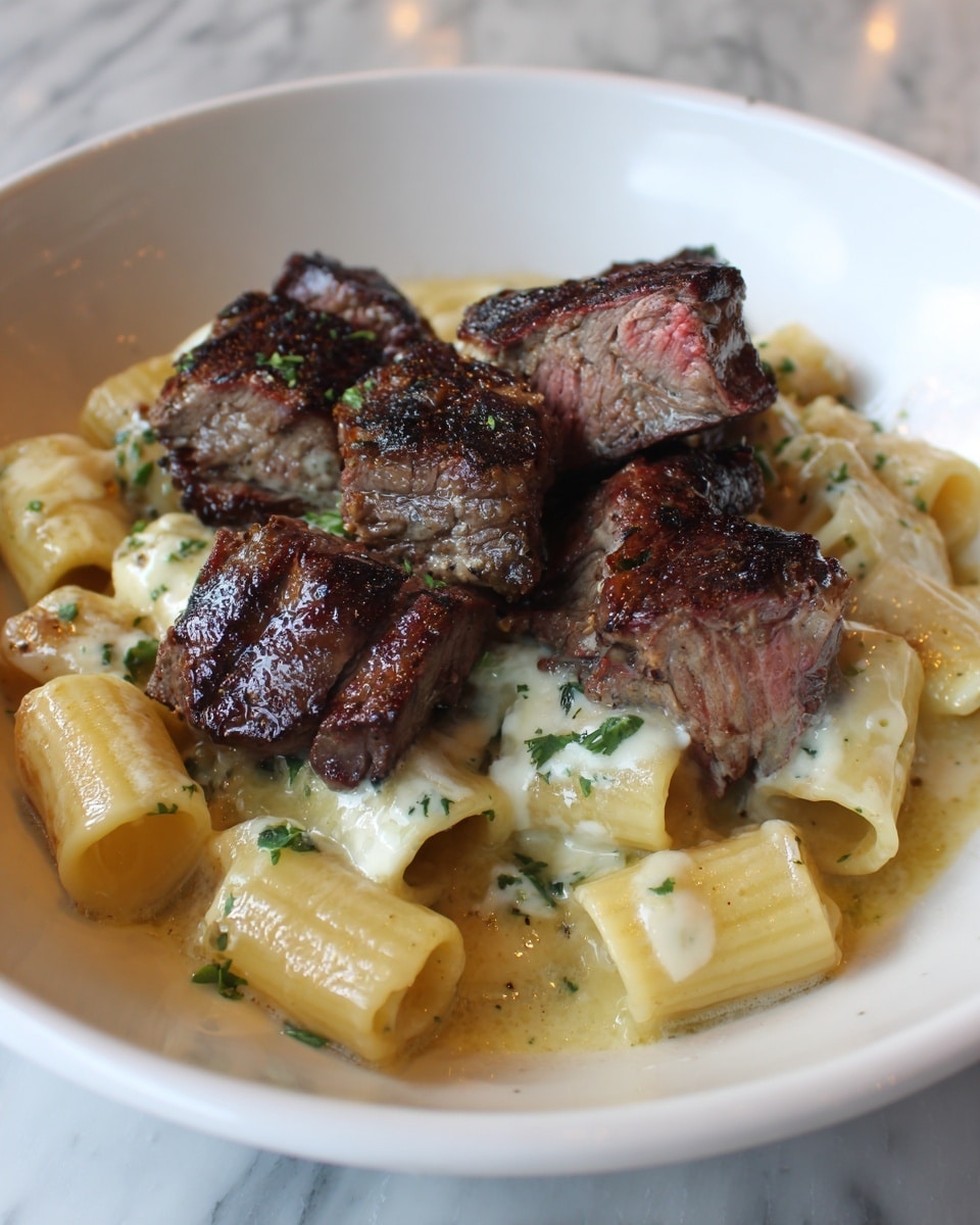 Garlic Butter Steak Tips with Cheesy Rigatoni Recipe - Recipe Image